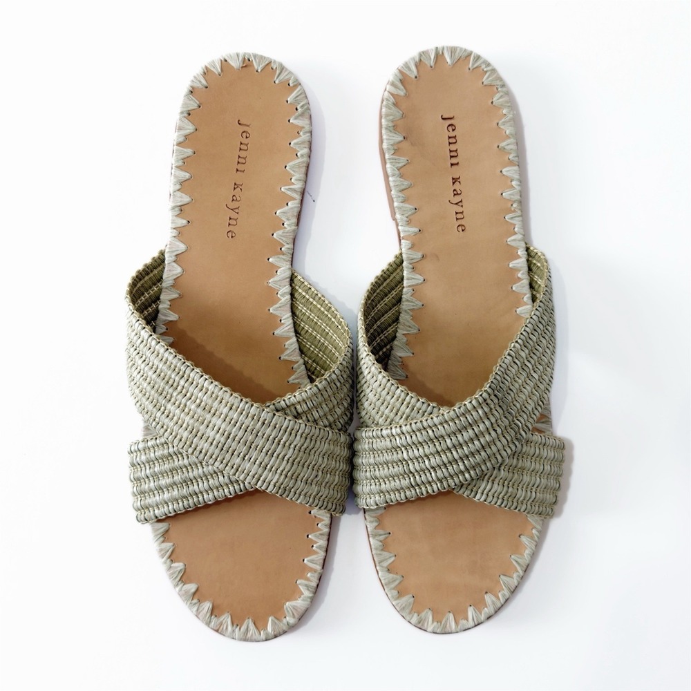 Jenni Kayne Sandals Womens 41 Green Raffia Crossover Slip On Slides Resort Beach